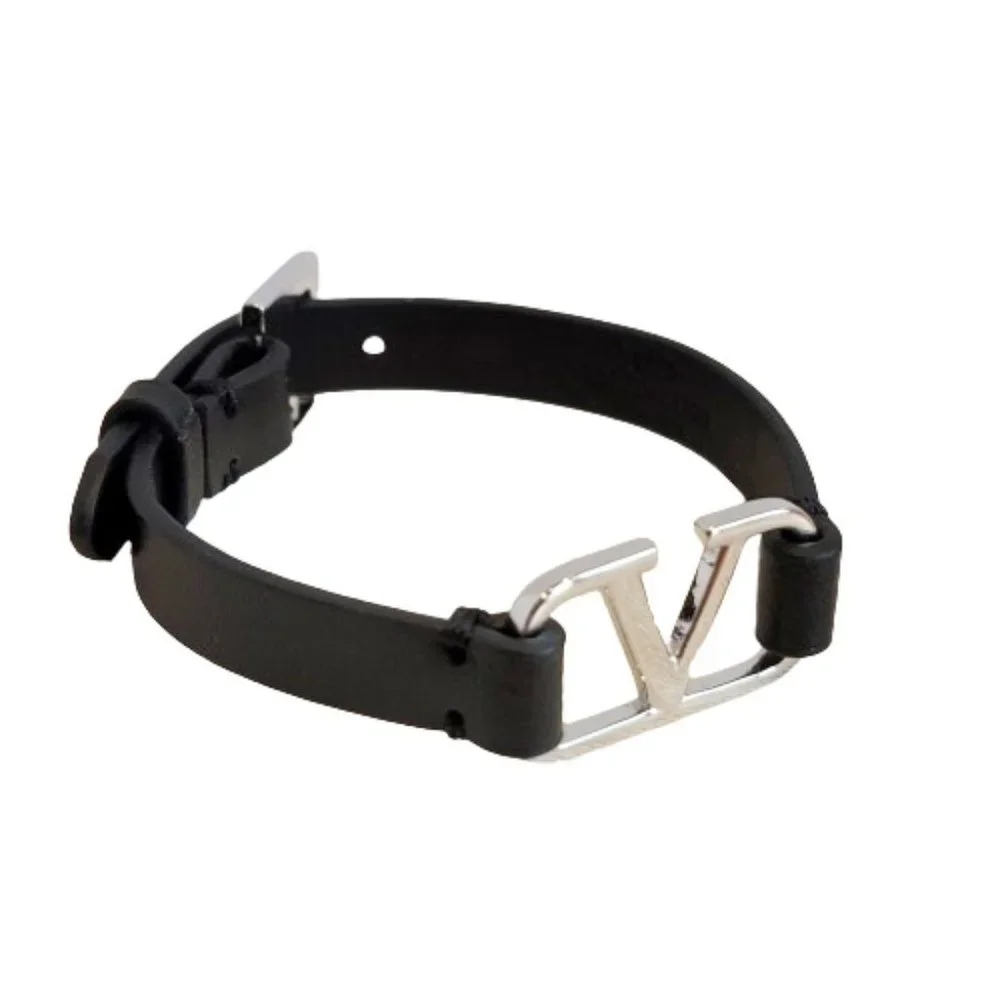 Valentino Garavani V-Logo Signature Leather Bracelet Silver Hardware - Picture 3 of 6